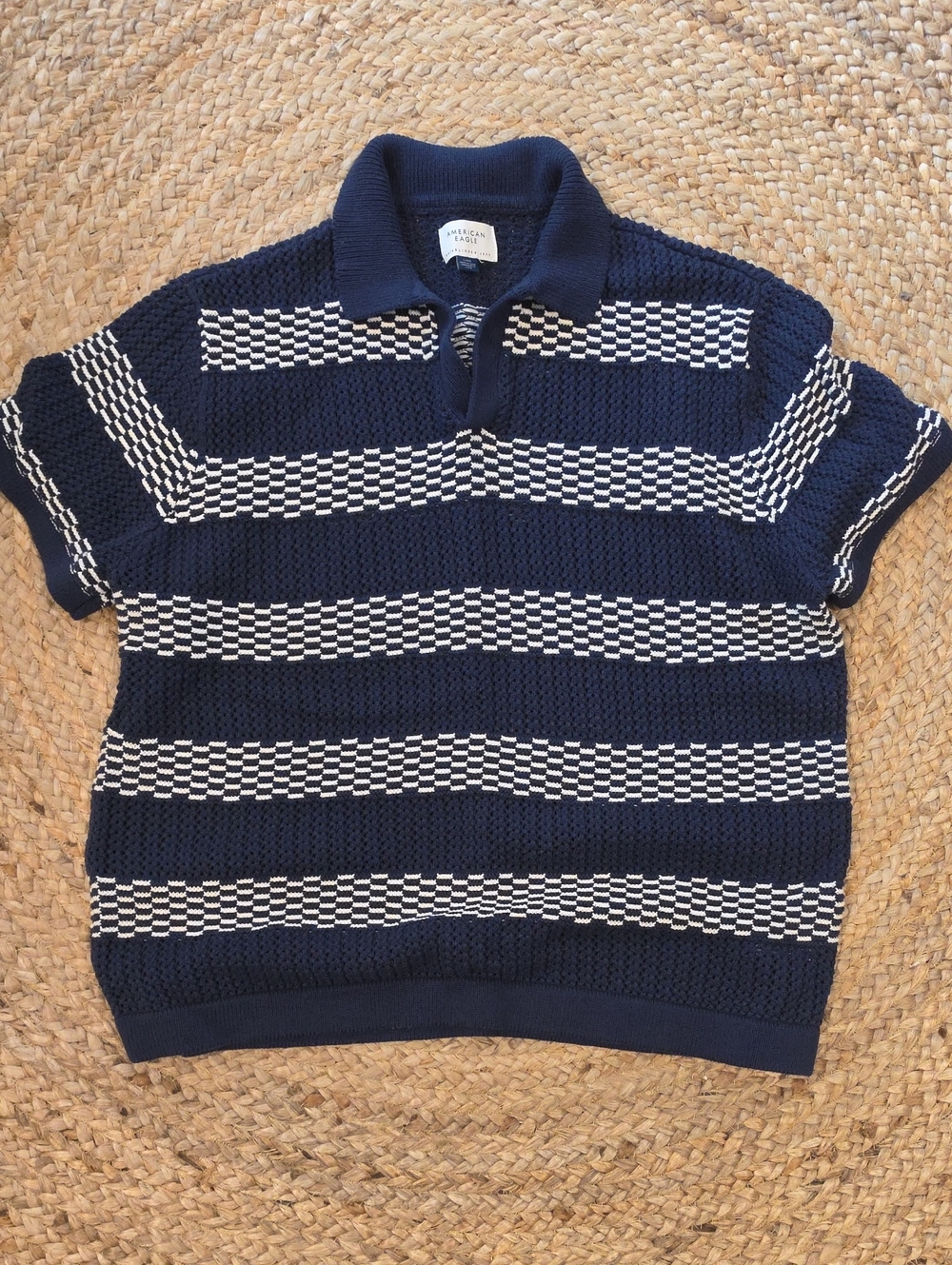 American Eagle Outfitters Navy & White Striped V‑Neck Knit Polo Sweater